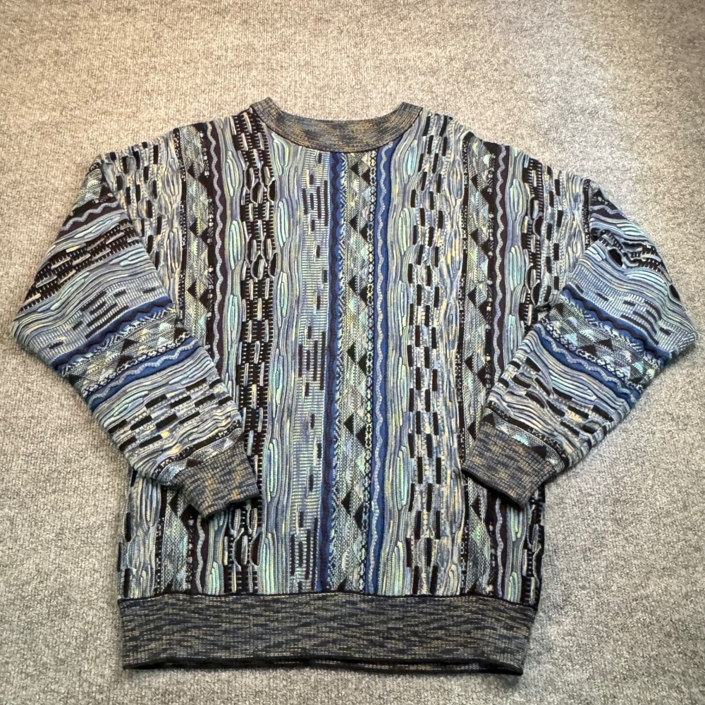 Norm Thompson Mens Blue 3D Textured Knit Sweater Geometric Retro Size Medium